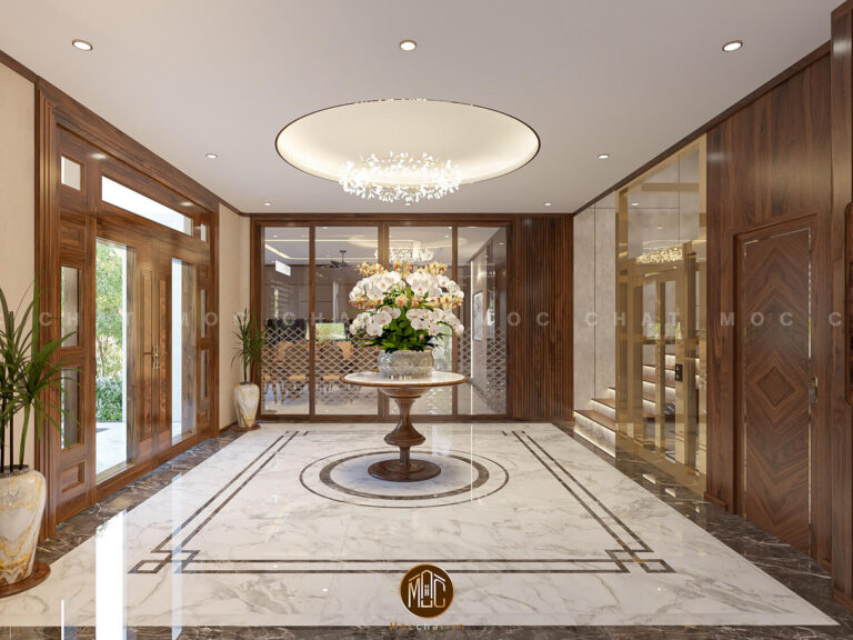 Sảnh biệt thự sang trọng với nội thất gỗ óc chó