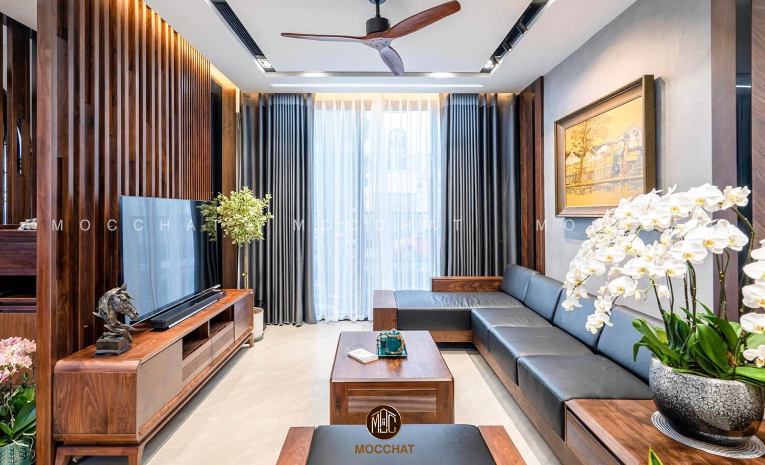 sofa gỗ óc chó chữ L