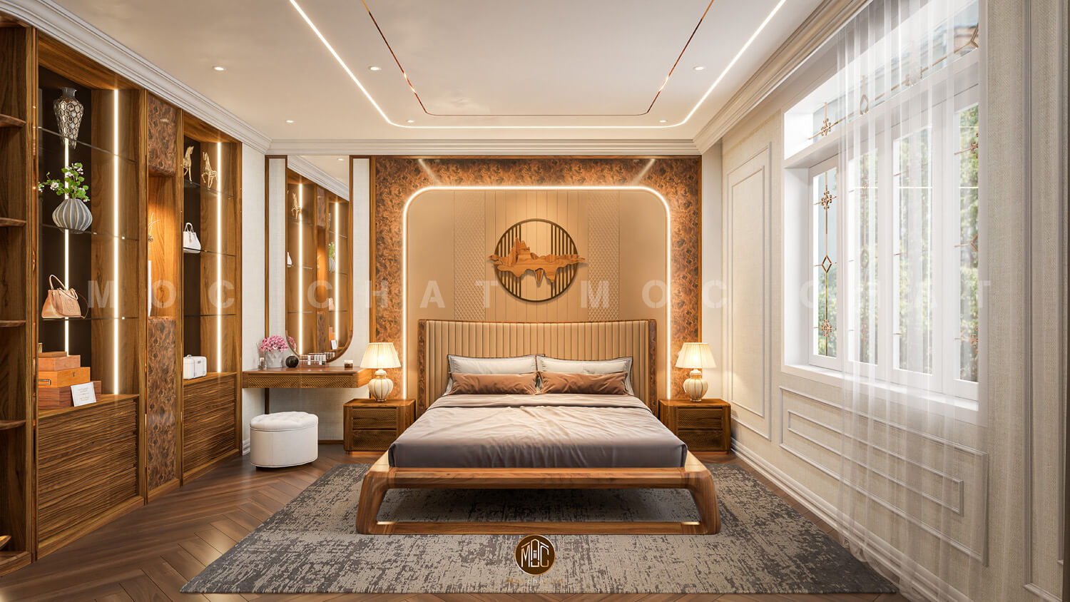 Phòng ngủ hiện đại với giường ngủ gỗ óc chó cao cấp, tủ kệ và bàn trang điểm gỗ óc chó, bọc da bò Ý mềm mại, tạo không gian sang trọng và ấm cúng.