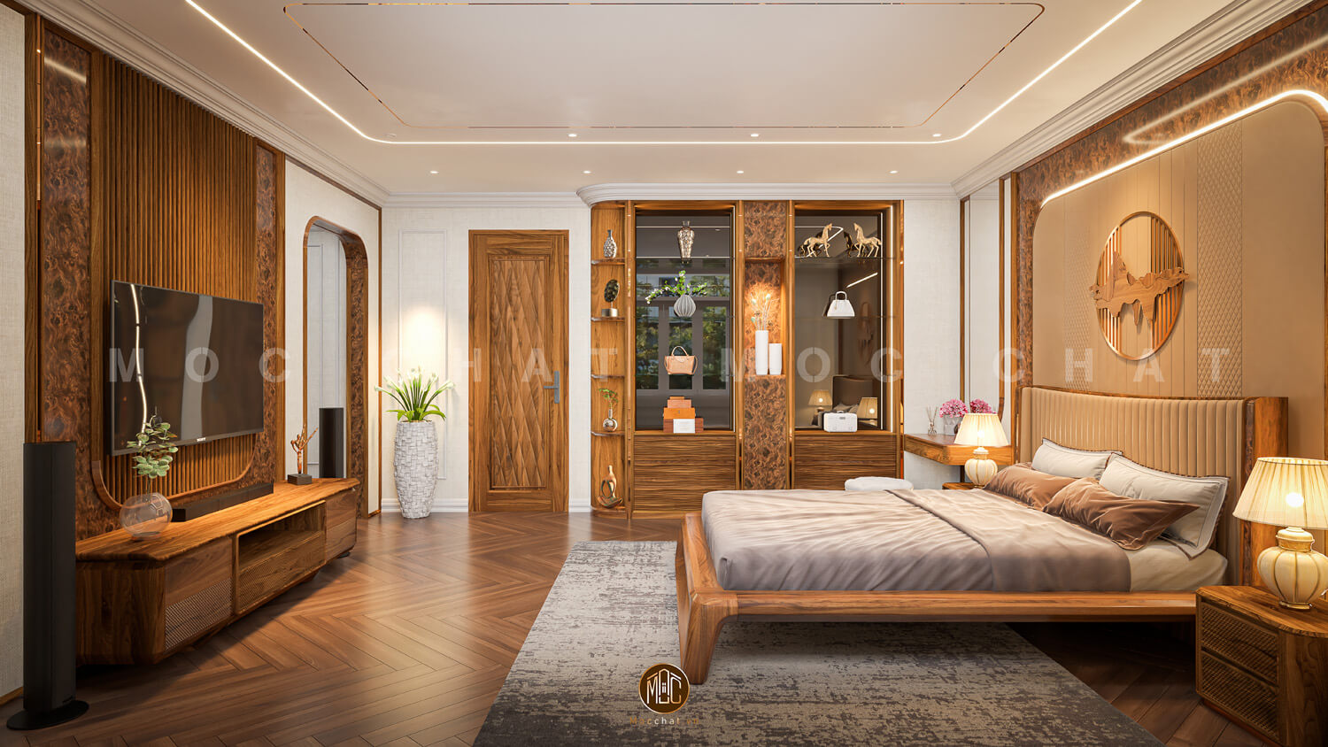 Phòng ngủ hiện đại với giường ngủ gỗ óc chó bọc da, kệ tivi gỗ óc chó đẹp và nội thất sang trọng, tạo không gian tinh tế và ấm cúng.