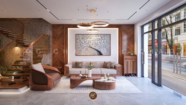 Nội thất phòng khách gỗ óc chó hiện đại, với sofa bọc da Ý và bàn trà đá cao cấp, tạo không gian sống tinh tế tại Vinhomes Ocean Park