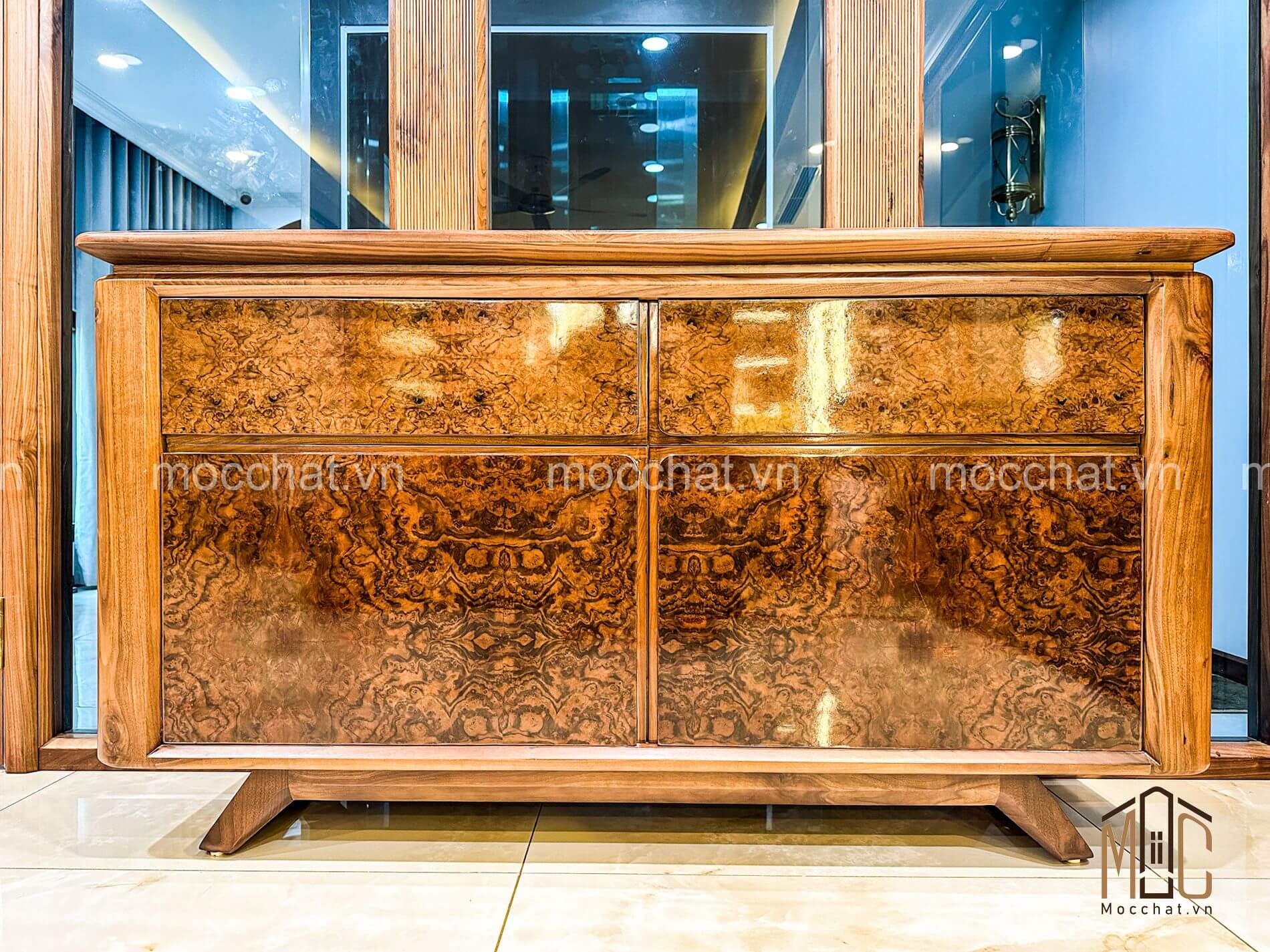 Kệ trang trí óc chó cao cấp hiện đại kết hợp veneer nu óc chó cao cấp