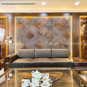 Vách gỗ óc chó cào xước ốp tường trang trí phòng khách