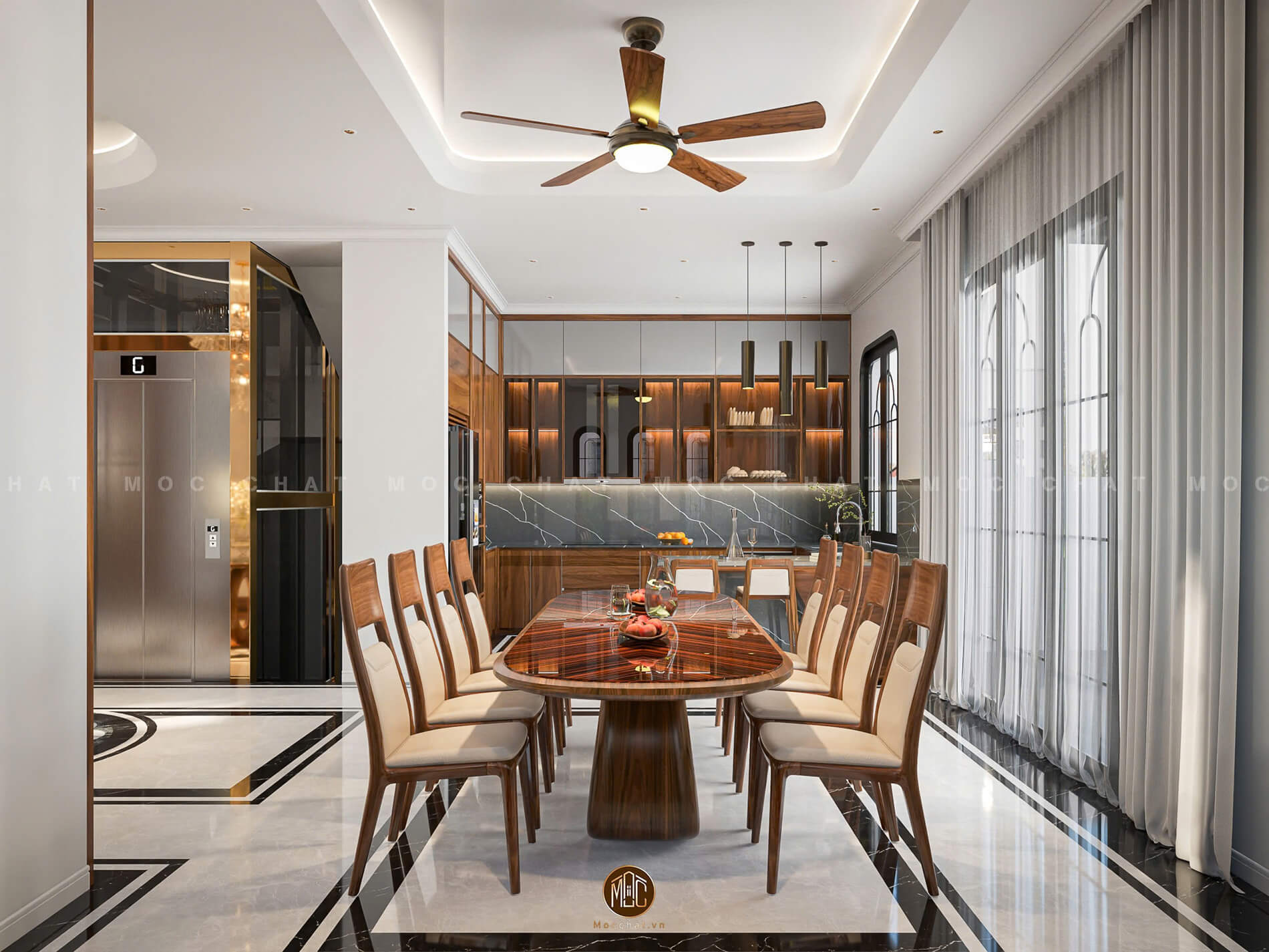 Bộ bàn ghế ăn gỗ óc chó đẹp, thiết kế sang trọng cho phòng ăn biệt thự hiện đại