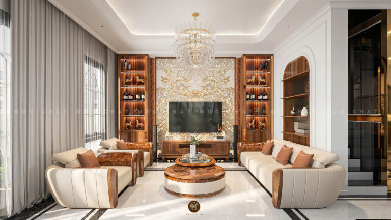 Bộ bàn ghế phòng khách gỗ óc chó cao cấp với thiết kế sang trọng, sofa bọc da bò Ý màu kem, bàn trà tròn mặt đá, kệ tivi gỗ óc chó kết hợp hệ tủ trang trí đèn LED.