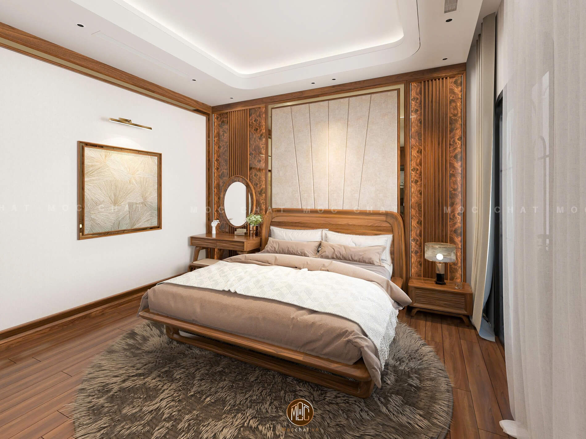 Phòng ngủ đẳng cấp với giường ngủ gỗ óc chó tự nhiên, thiết kế uốn cong tinh tế. Kết hợp bàn trang điểm sang trọng, vách ốp đầu giường bọc nỉ cao cấp và ánh sáng nhẹ nhàng, tạo không gian ấm cúng, thư giãn.