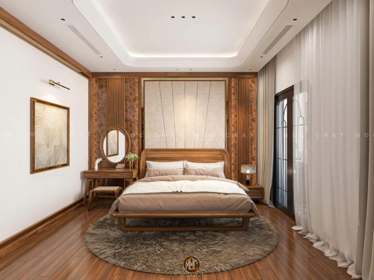 Phòng ngủ sang trọng với nội thất gỗ óc chó cao cấp