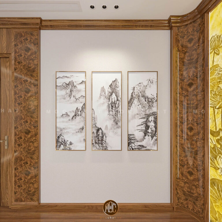 Phòng thờ gỗ óc chó với tranh phong cảnh truyền thống