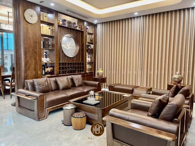 Không gian phòng khách hiện đại với sofa gỗ óc chó cao cấp