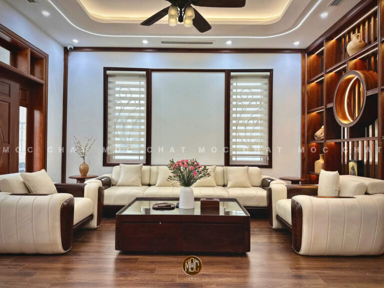 Bộ sofa gỗ óc chó bọc da bò Ý