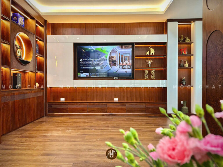 Tủ tivi âm tường và kệ trang trí gỗ óc chó