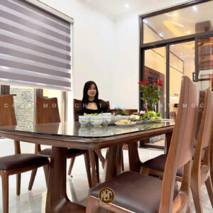 Bộ bàn ăn gỗ óc chó 8 ghế thiết kế hiện đại, ghế tựa cao và đệm da tự nhiên nhập khẩu Ý