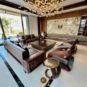 Bộ sofa gỗ óc chó bố trí hình chữ U