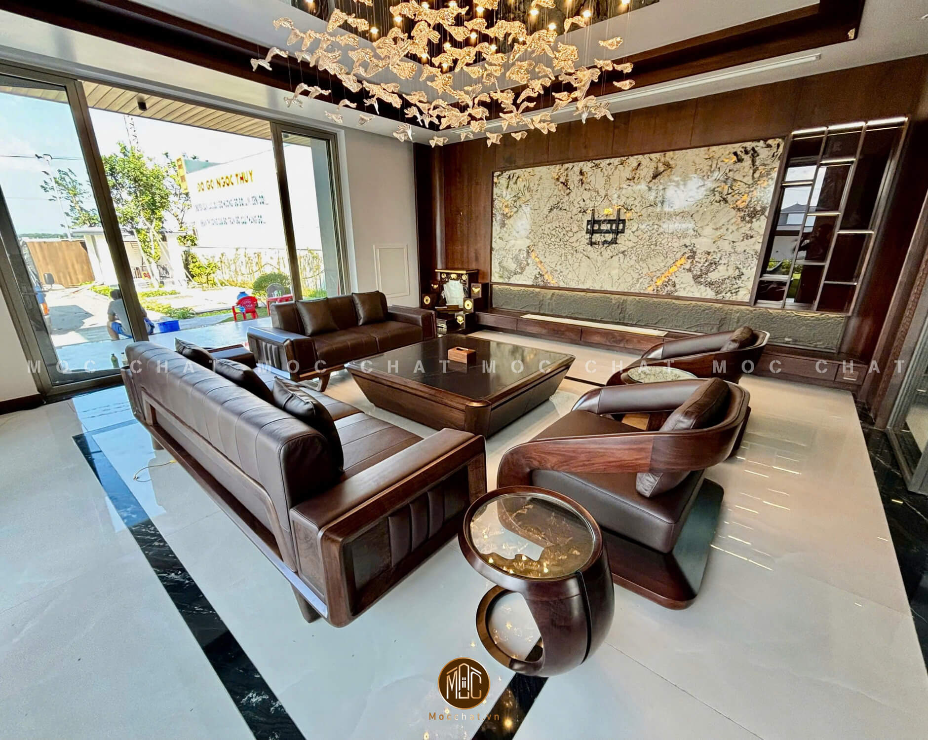 Bộ sofa gỗ óc chó bố trí hình chữ U