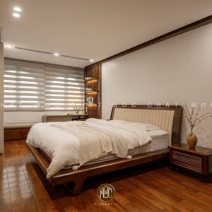 Giường ngủ gỗ óc chó phối da cao cấp thiết kế liền khối chắc chắn và đẹp mắt