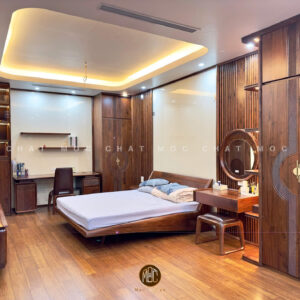 Giường ngủ gỗ óc chó dáng thấp hiện đại, thiết kế giấu chân