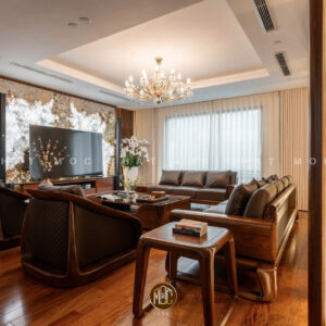 Không gian sống sang trọng với bộ sofa gỗ óc chó cao cấp