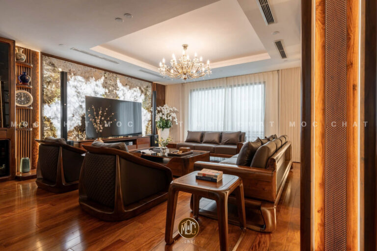 Không gian sống sang trọng với bộ sofa gỗ óc chó cao cấp