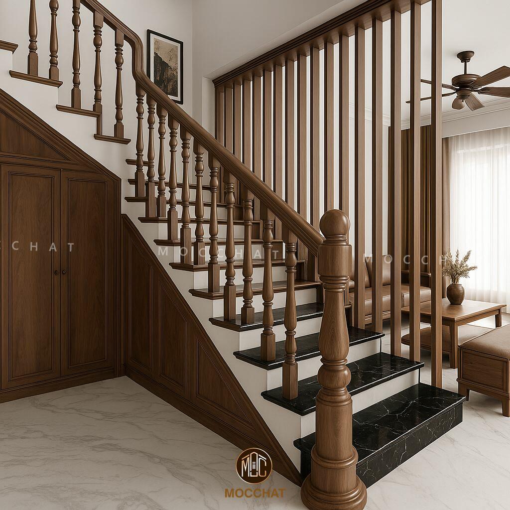 Cầu thang thẳng gỗ óc chó