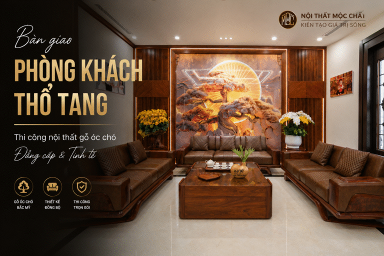 Phòng Khách Thổ Tang | Thi Công Nội Thất Gỗ Óc Chó Đẳng Cấp