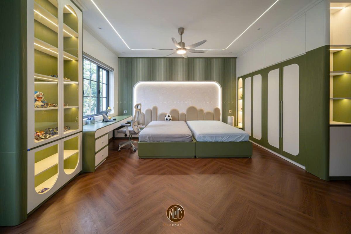 Phòng ngủ con với sắc xanh tươi mát từ chất liệu gỗ công nghiệp cao cấp